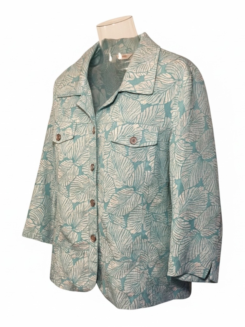 Erin London Plus Size 1X Teal Leaf Jacquard Button Up Shirt Jacket 3/4 Sleeve